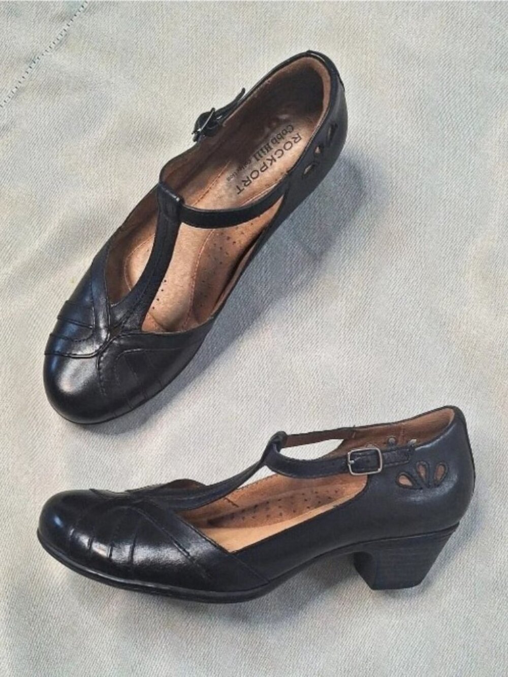 Rockport Cobb Hill Angelina Leather T-Strap Heels Pumps Black Size 7.5 M